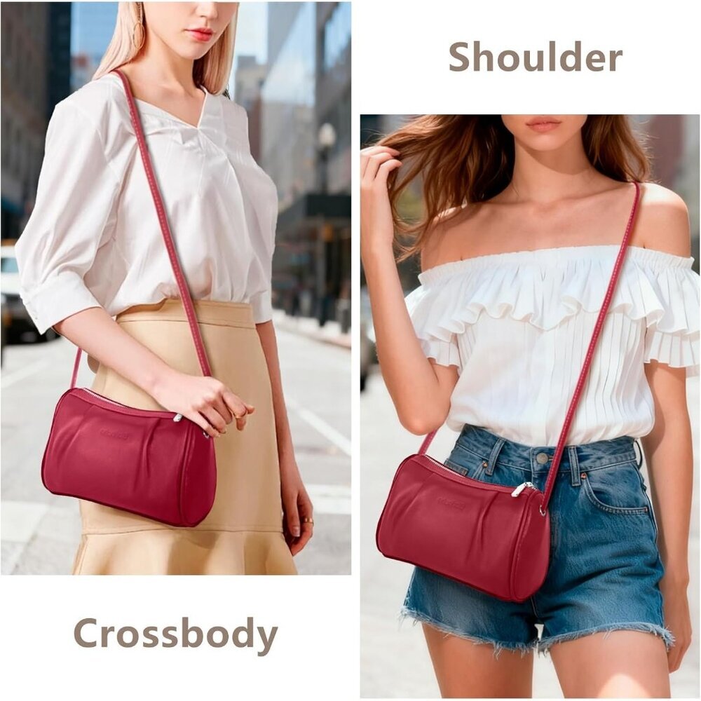Women Red Leather Crossbody Bag Small Hobo Bag with Wrinkled Texture - Picture 3 of 8